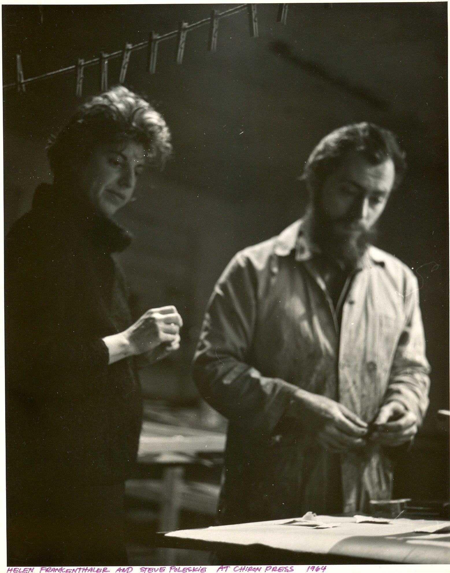 Artist Helen Frankenthaler (left) with Poleskie (right) at Chiron Press, 1964